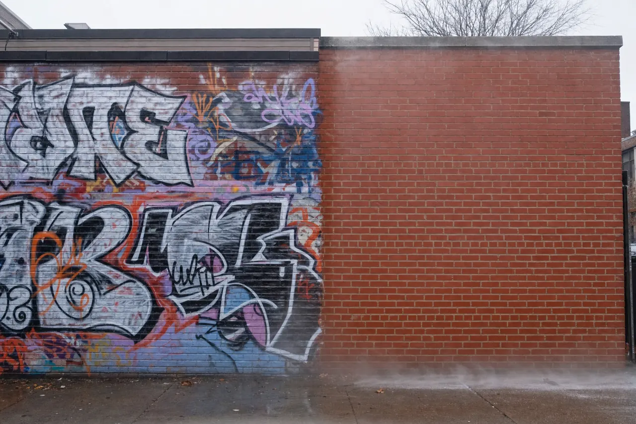 Brick wall mid-graffiti removal, left side tagged, right side blasted clean to original brick