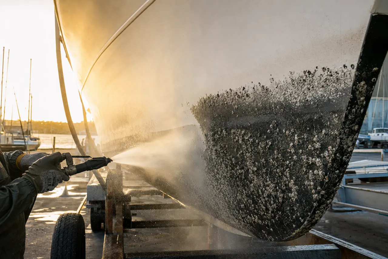 Boat hull being blasted, barnacles and anti-fouling paint removed to reveal clean gelcoat