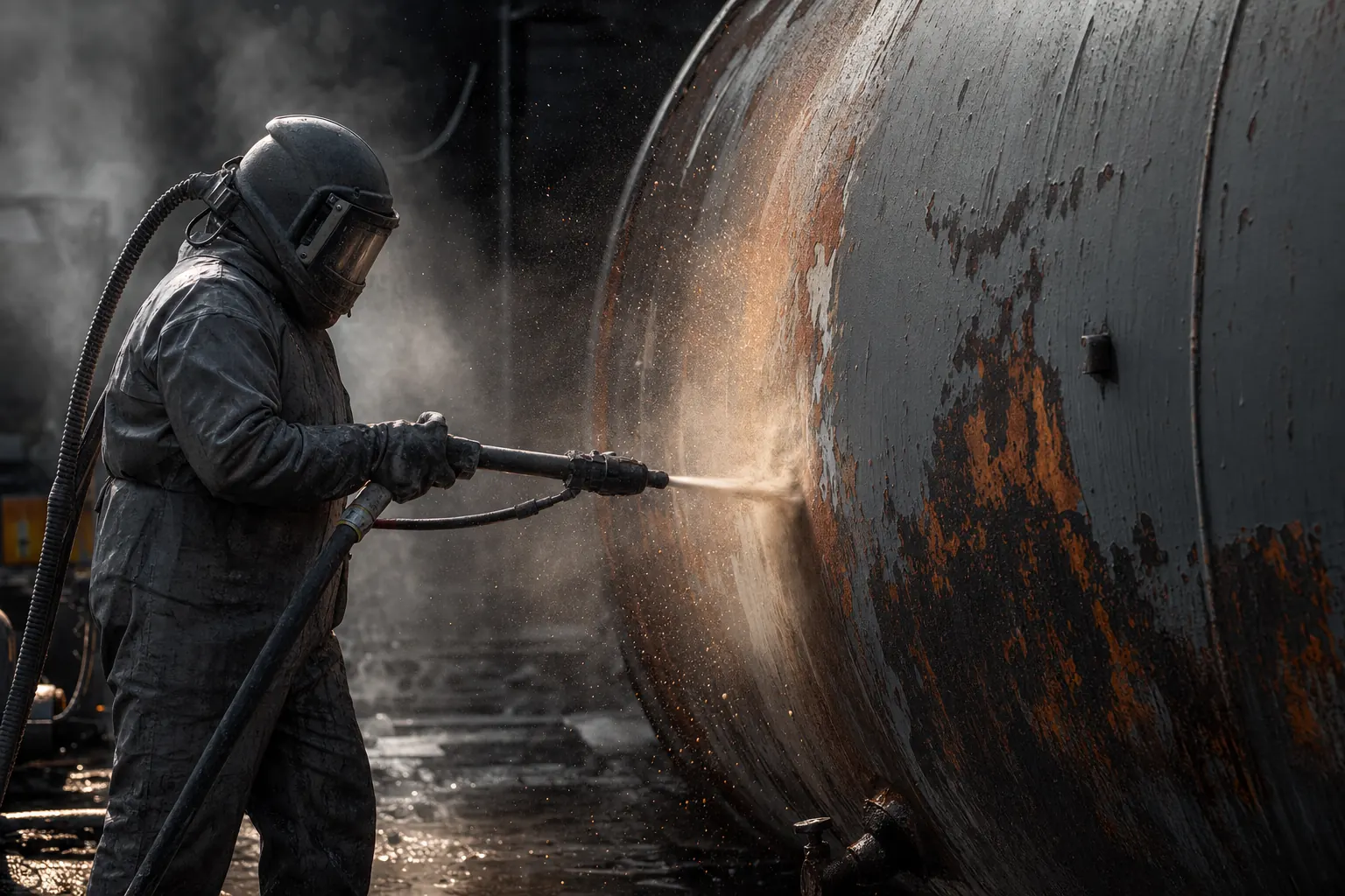 Mobile media blasting operator in protective gear stripping rust and old paint from a large steel tank